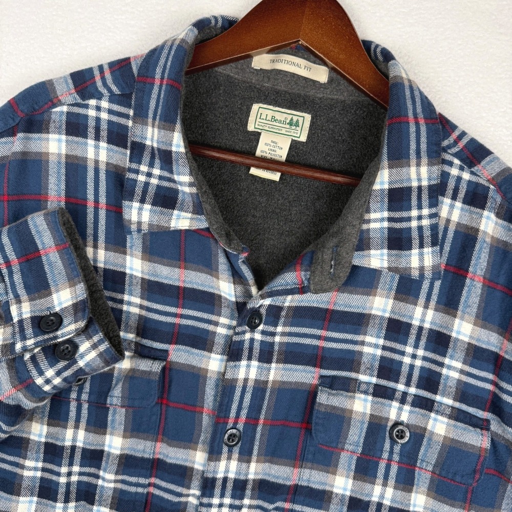 L.L. Bean Flannel Shacket Mens XXL Tall Blue Plaid Fleece Lined Traditional Fit